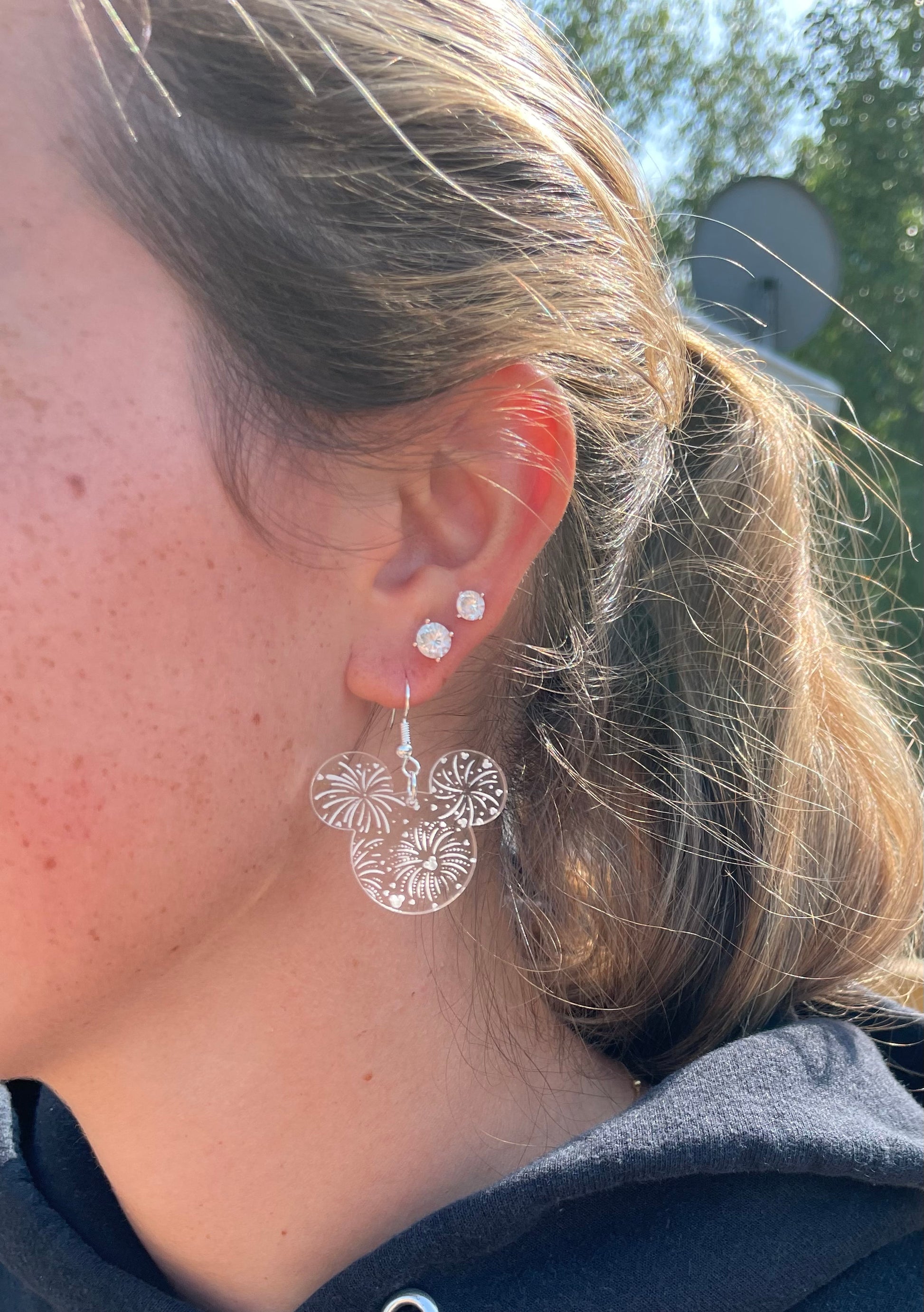 Fireworks at Night Crystal Acrylic Earrings, Mouse head Acrylic Laser Engraved Dangle Earrings, Fireworks earrings