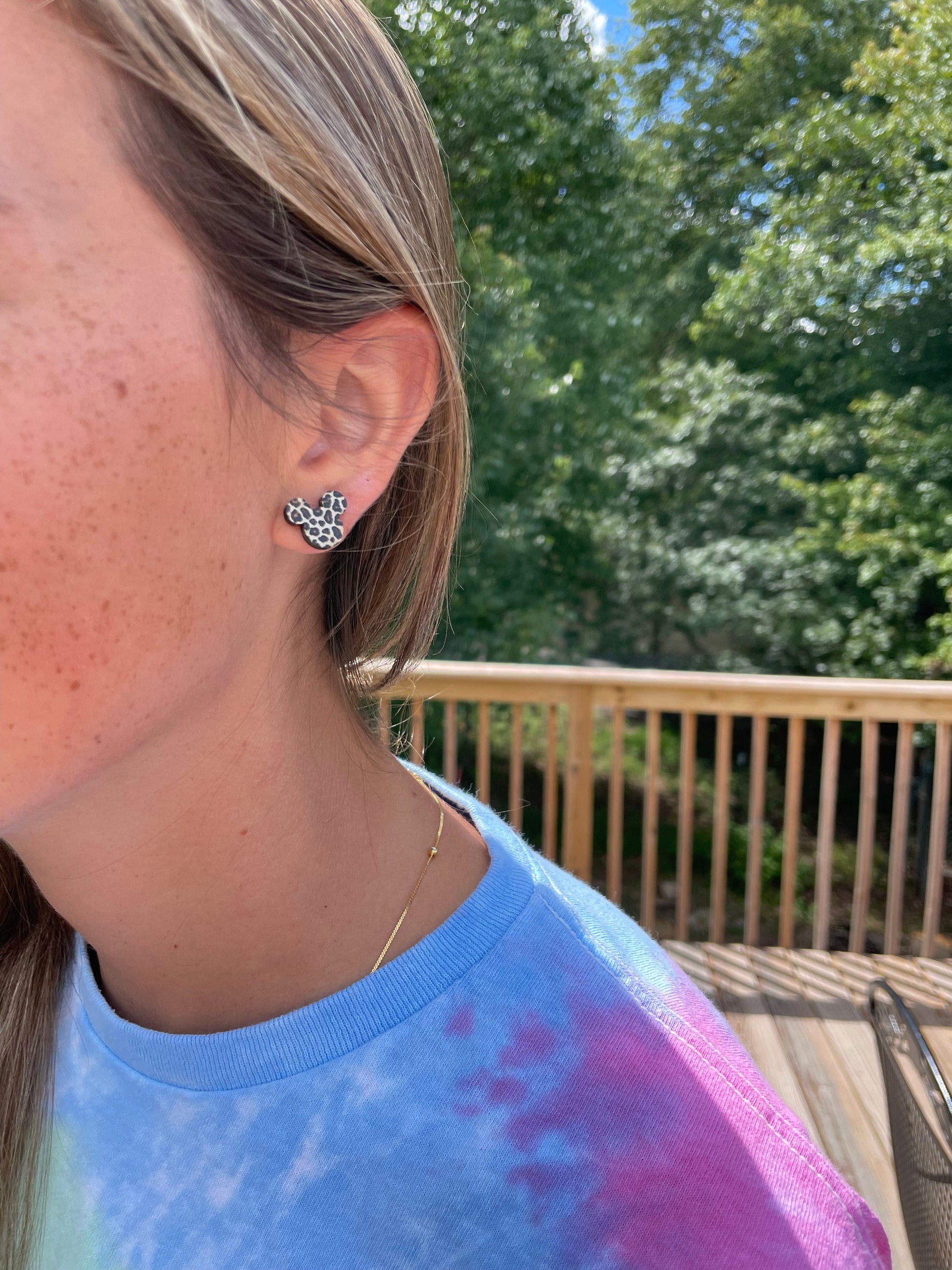 Breakfast Blue Stud Laser cut Acrylic Earrings, Pierced earlobe mouse head shaped post earrings hypoallergenic post silicone back