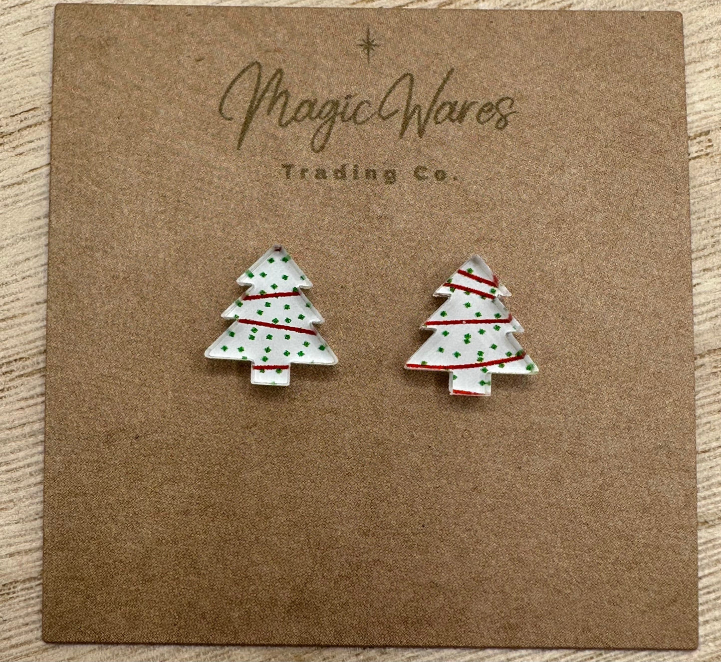 Christmas Tree Snack Cake Stud, Laser Cut Crystal Acrylic Stainless Steel Posts, Pierced Earlobe Earrings Christmas Tree Earrings