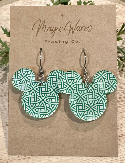 Celtic Mouse, Mouse head shaped dangle, Laser cut Celtic Knot Patterned Crystal Acrylic Earrings, St. Patricks Day earrings