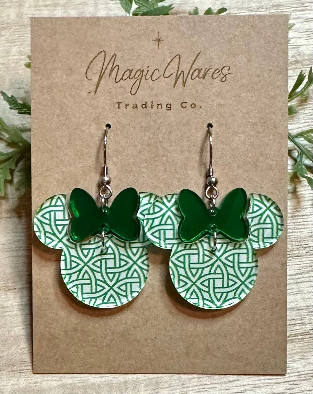 Celtic Knot Minnie Mouse Earrings: Green Mirror Bow, St. Patrick's Day