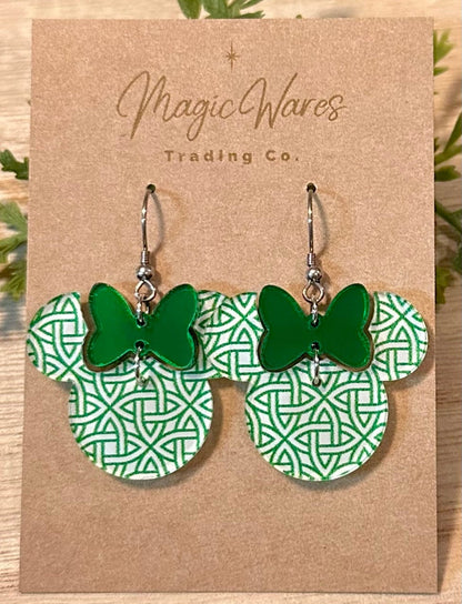 Celtic Knot Minnie Mouse Earrings: Green Mirror Bow, St. Patrick's Day