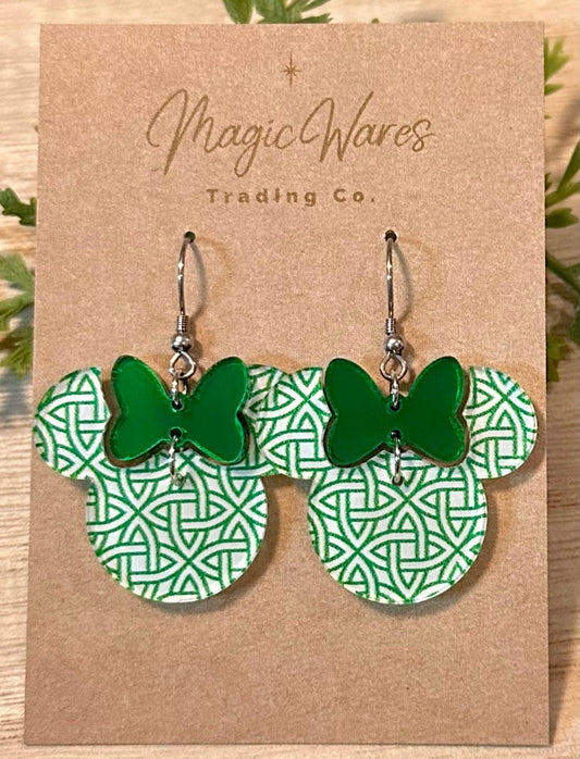 Celtic Knot Minnie Mouse Earrings: Green Mirror Bow, St. Patrick's Day