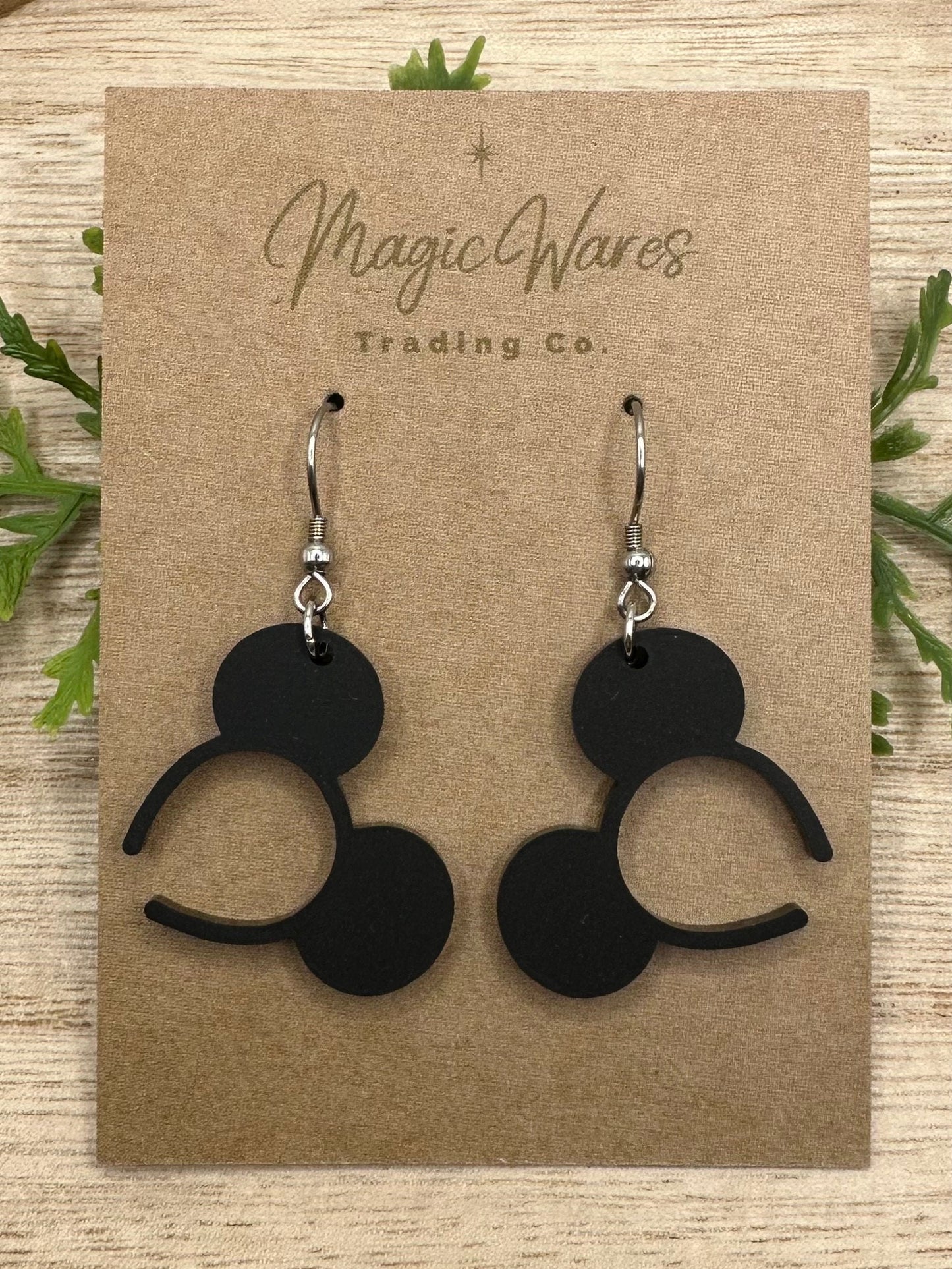 Classic Mouse, Mouse ears headband, Laser cut Black Matte Acrylic Earrings, Made to order, Laser Engraved, Glowforge Earrings