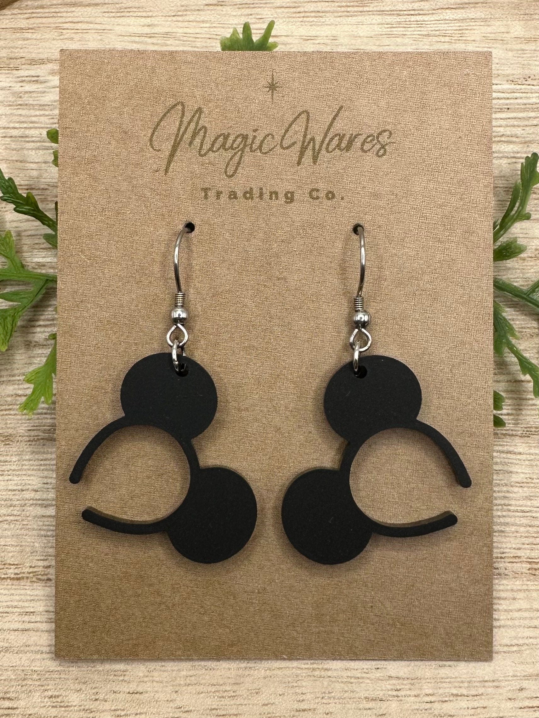 Classic Mouse, Mouse ears headband, Laser cut Black Matte Acrylic Earrings, Made to order, Laser Engraved, Glowforge Earrings