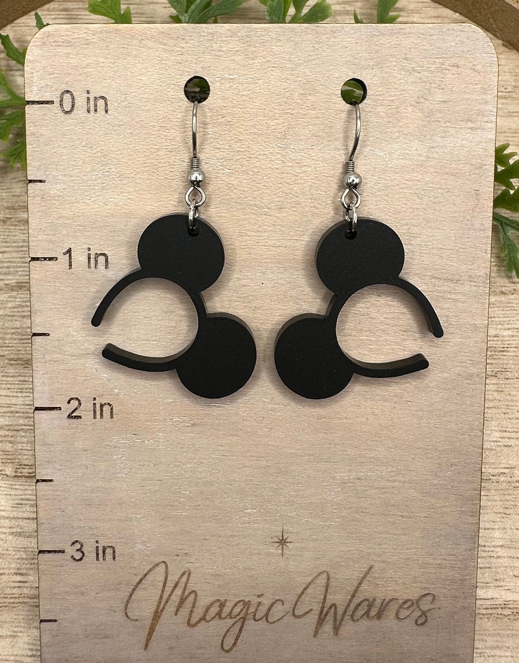 Classic Mouse, Mouse ears headband, Laser cut Black Matte Acrylic Earrings, Made to order, Laser Engraved, Glowforge Earrings