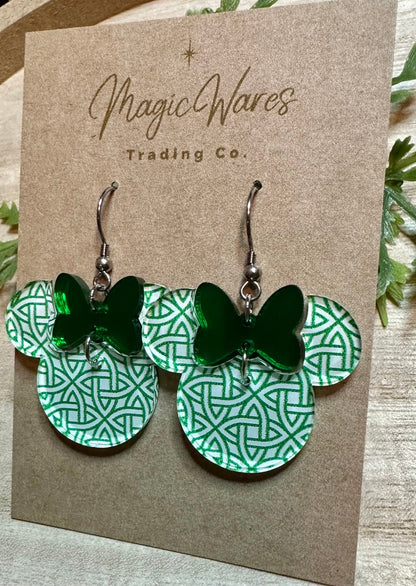 Celtic Knot Minnie Mouse Earrings: Green Mirror Bow, St. Patrick's Day
