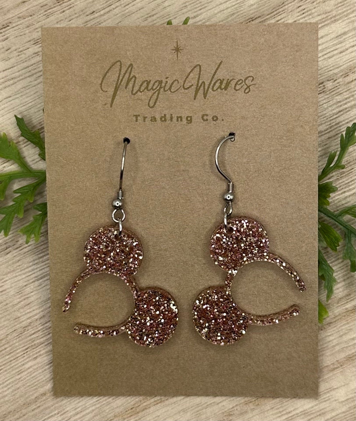 Rose Gold Glitter, Mouse ears headband, Laser cut Rose Gold Glitter Acrylic Earrings, Made to order, Glowforge Earrings