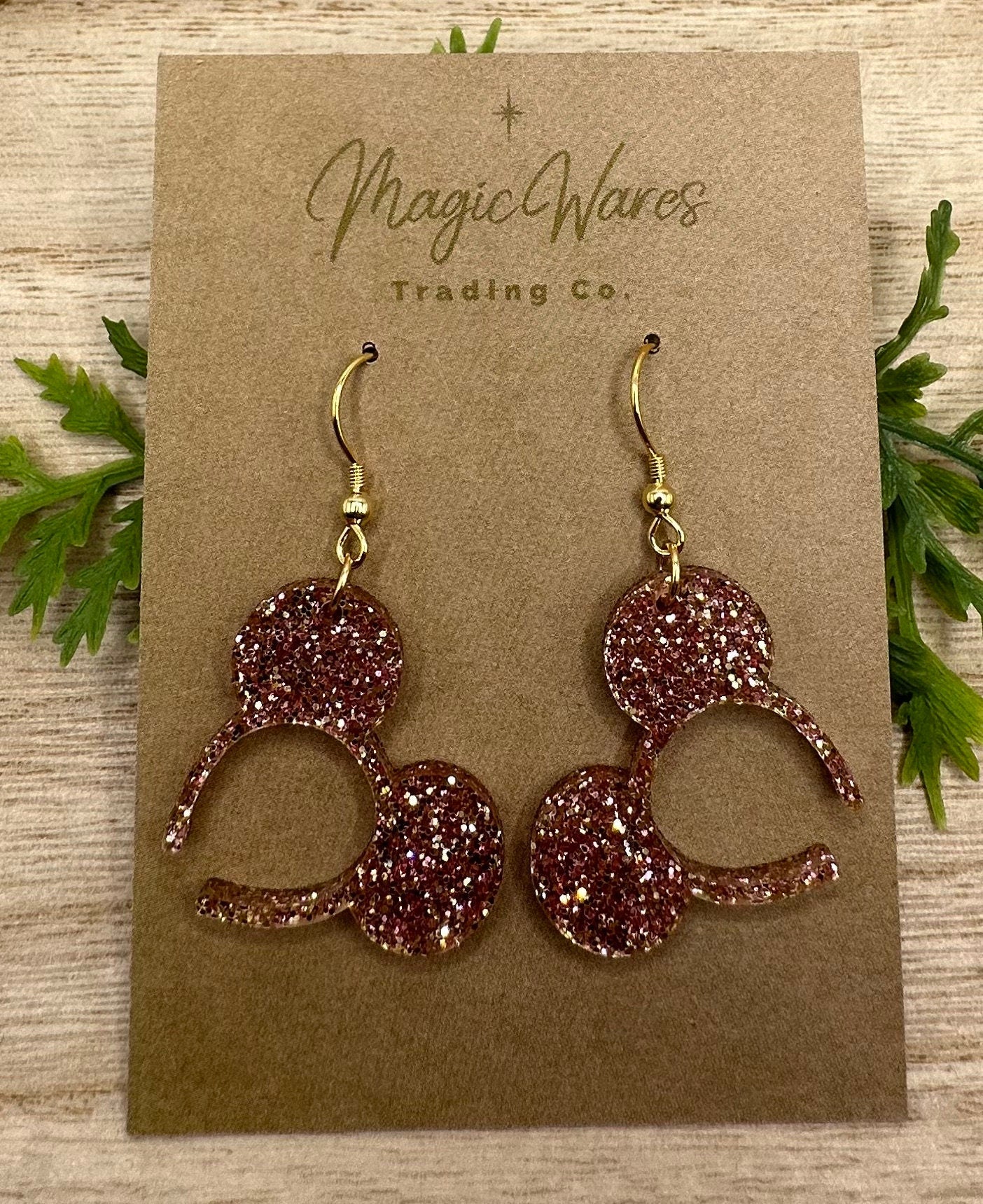 Rose Gold Glitter, Mouse ears headband, Laser cut Rose Gold Glitter Acrylic Earrings, Made to order, Glowforge Earrings
