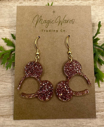 Rose Gold Glitter, Mouse ears headband, Laser cut Rose Gold Glitter Acrylic Earrings, Made to order, Glowforge Earrings