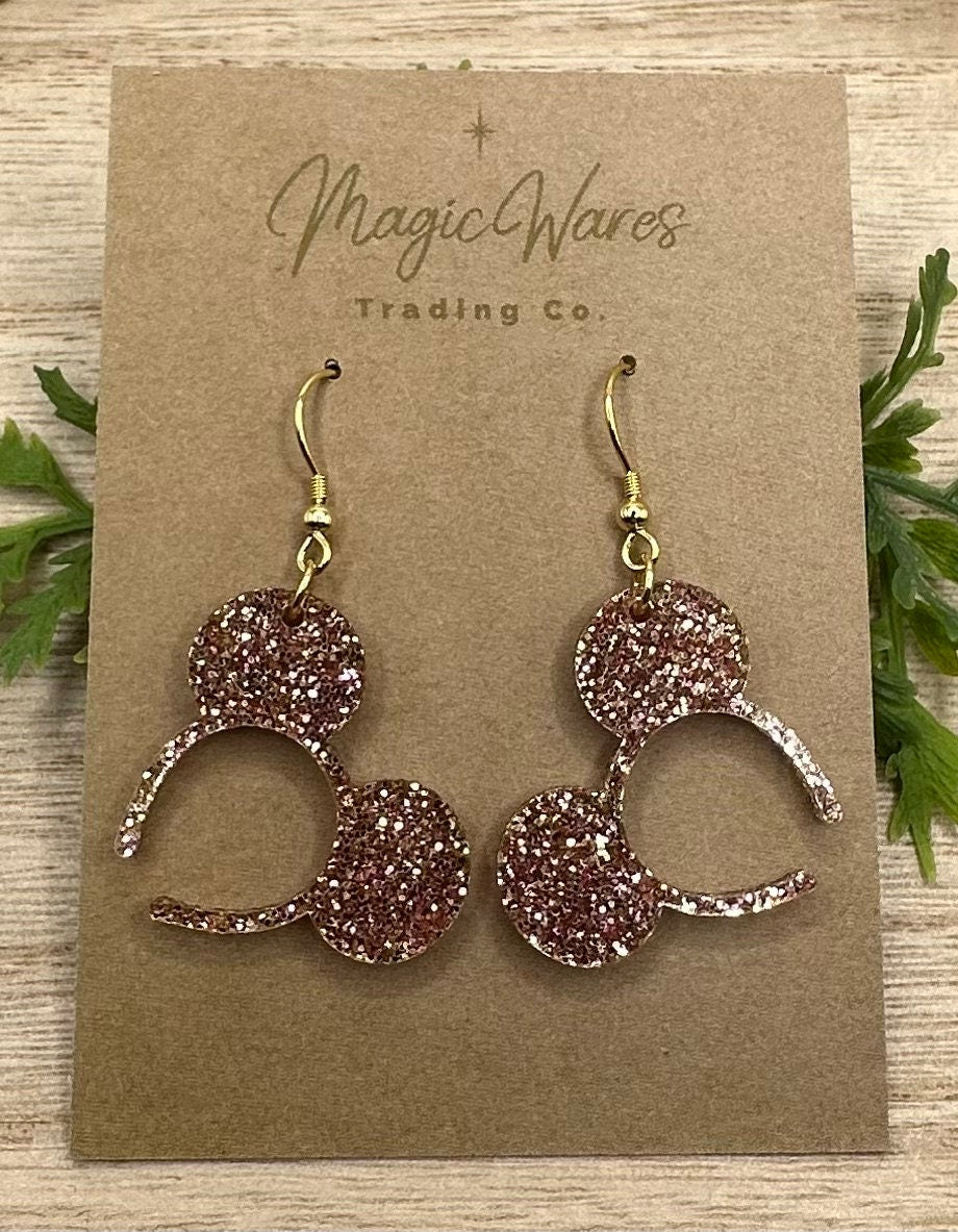 Rose Gold Glitter, Mouse ears headband, Laser cut Rose Gold Glitter Acrylic Earrings, Made to order, Glowforge Earrings
