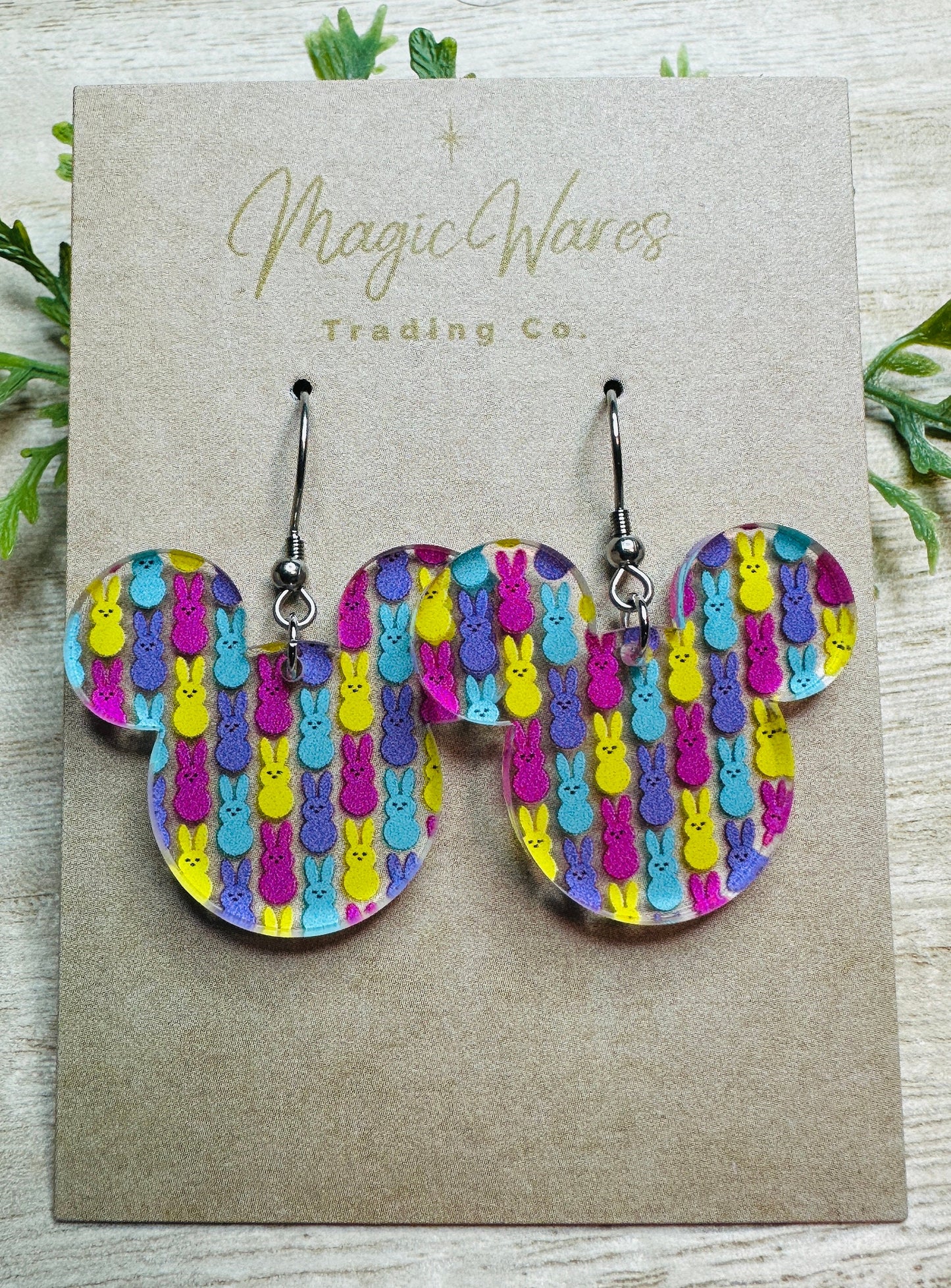 Marshmallow Bunnies, Laser Cut Mouse Head Dangle Earrings, Marshmallow Bunnies patterned Crystal Acrylic Earrings, Made to order