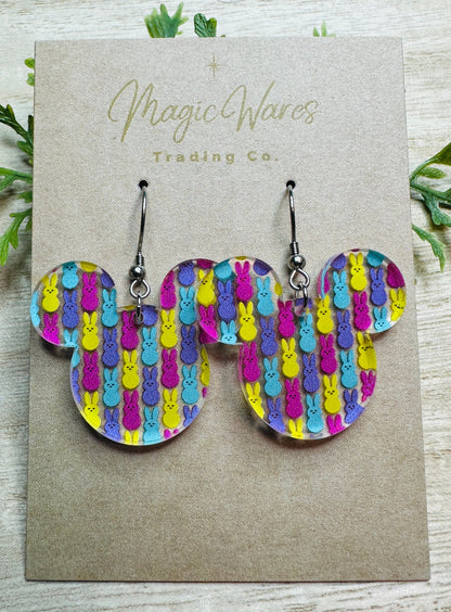 Marshmallow Bunnies, Laser Cut Mouse Head Dangle Earrings, Marshmallow Bunnies patterned Crystal Acrylic Earrings, Made to order