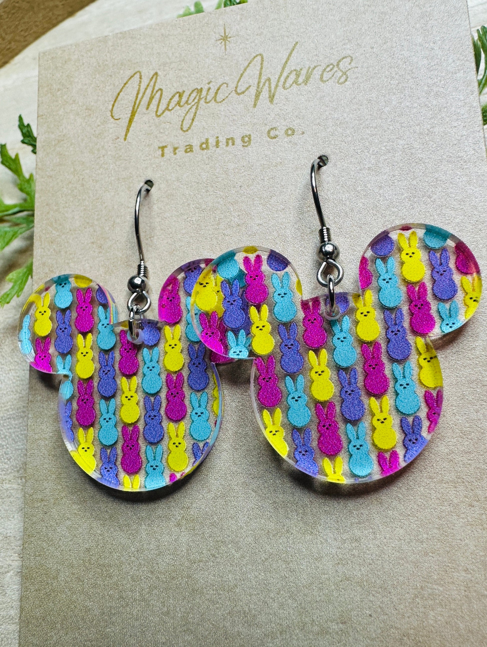 Marshmallow Bunnies, Laser Cut Mouse Head Dangle Earrings, Marshmallow Bunnies patterned Crystal Acrylic Earrings, Made to order