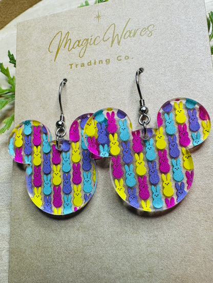 Marshmallow Bunnies, Laser Cut Mouse Head Dangle Earrings, Marshmallow Bunnies patterned Crystal Acrylic Earrings, Made to order