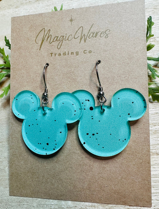 Speckled Egg Mouse Head Earrings, 3 Color Choices Laser cut Speckled Egg Patterned Crystal Acrylic Earrings, Easter Earrings