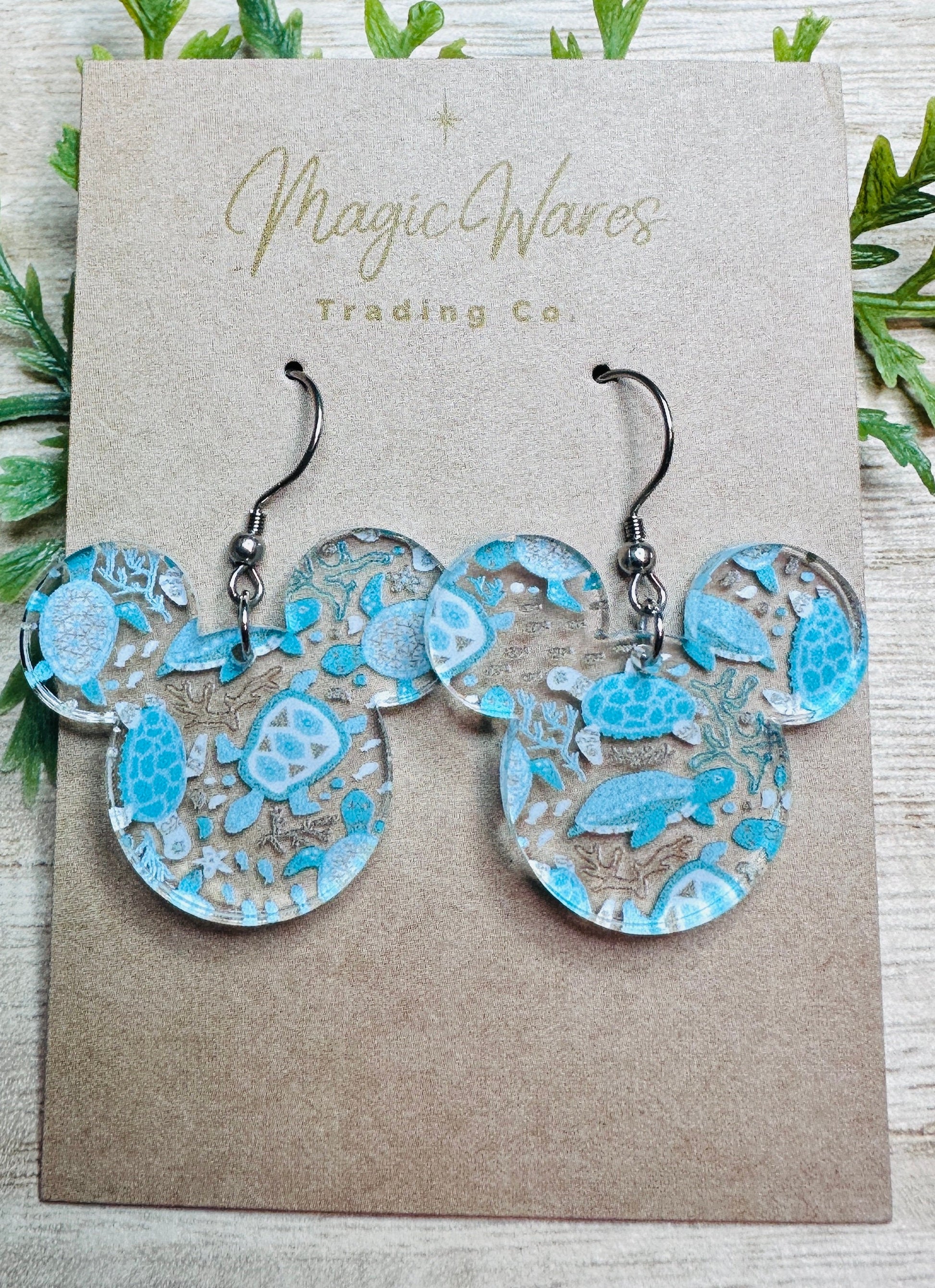 Sea Turtles, Mouse head shaped Laser cut Acrylic Earrings, Laser cut Sea Turtle Pattern Clear Acrylic, Dangle Earrings, Lightweight earrings