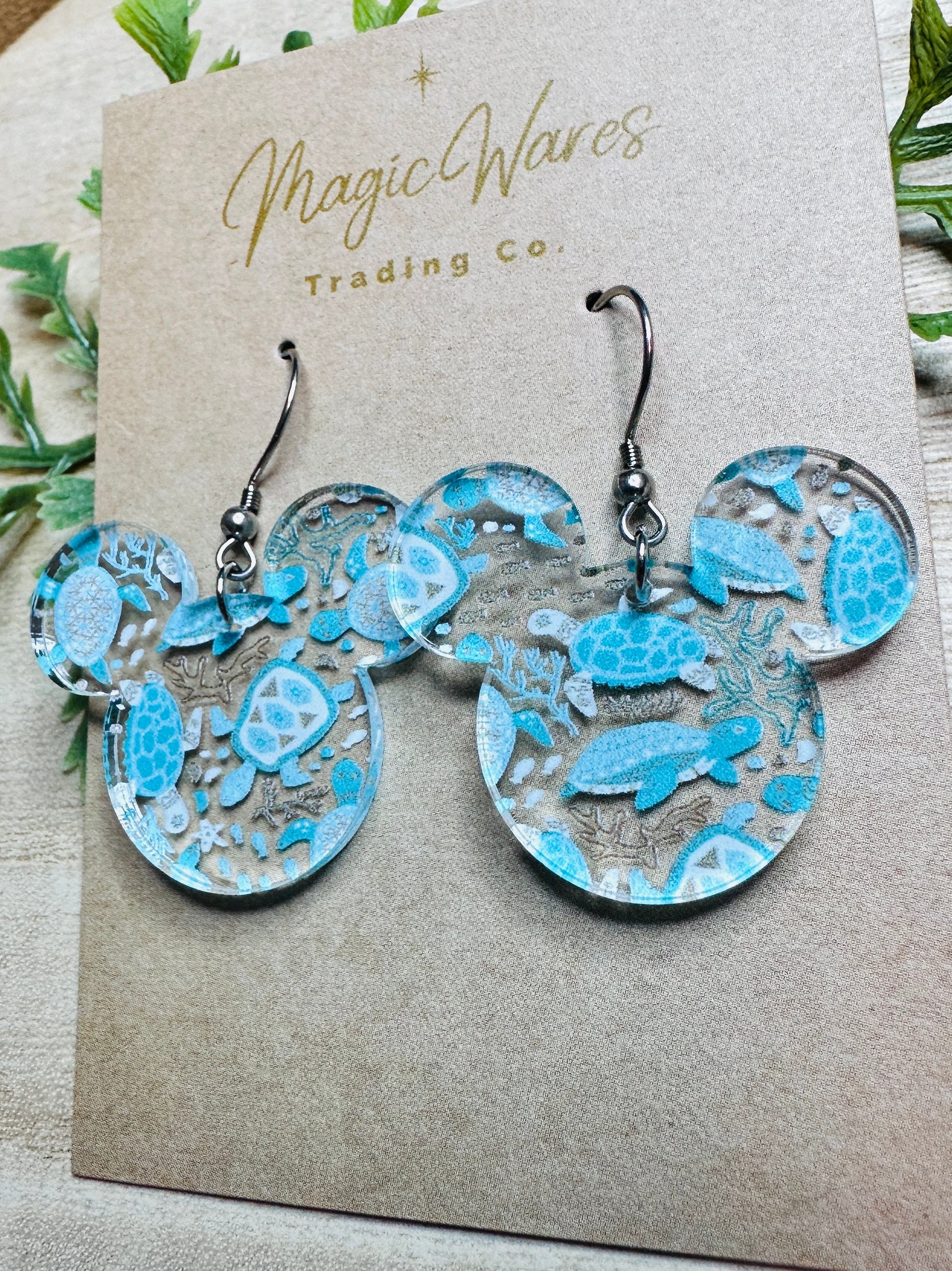 Sea Turtles, Mouse head shaped Laser cut Acrylic Earrings, Laser cut Sea Turtle Pattern Clear Acrylic, Dangle Earrings, Lightweight earrings