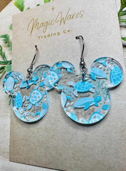 Sea Turtles, Mouse head shaped Laser cut Acrylic Earrings, Laser cut Sea Turtle Pattern Clear Acrylic, Dangle Earrings, Lightweight earrings