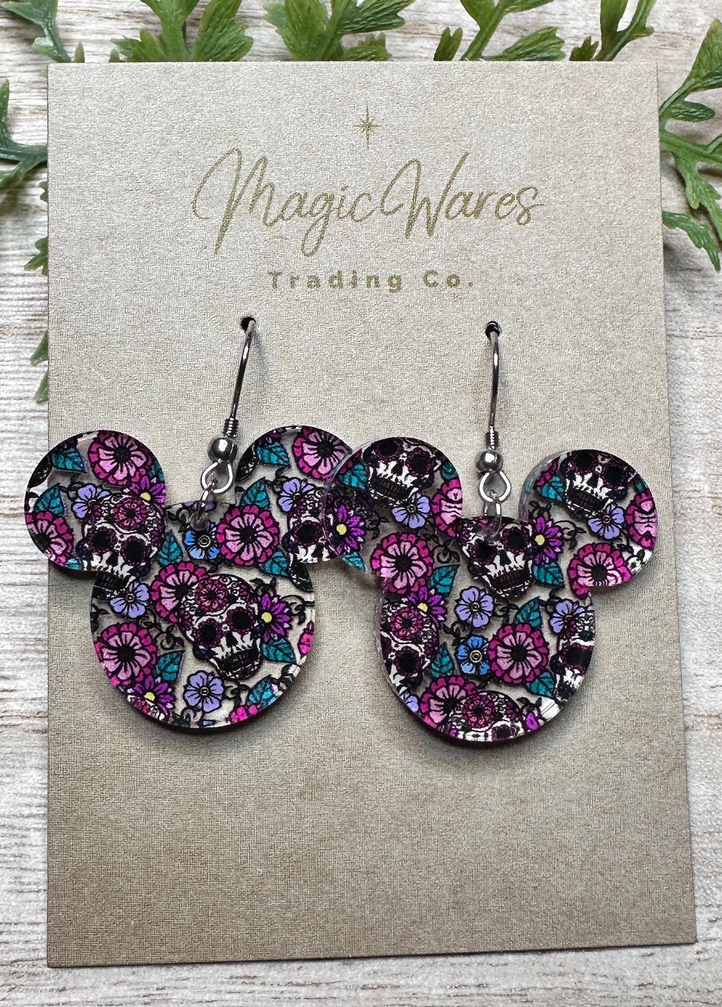 Sugar Skull floral, Laser Cut Mouse head shaped dangle earring, Crystal Pattern Acrylic, Lightweight dangle earrings, Cinco de Mayo