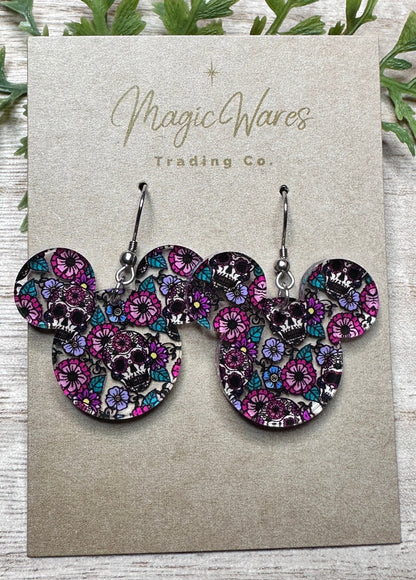 Sugar Skull floral, Laser Cut Mouse head shaped dangle earring, Crystal Pattern Acrylic, Lightweight dangle earrings, Cinco de Mayo