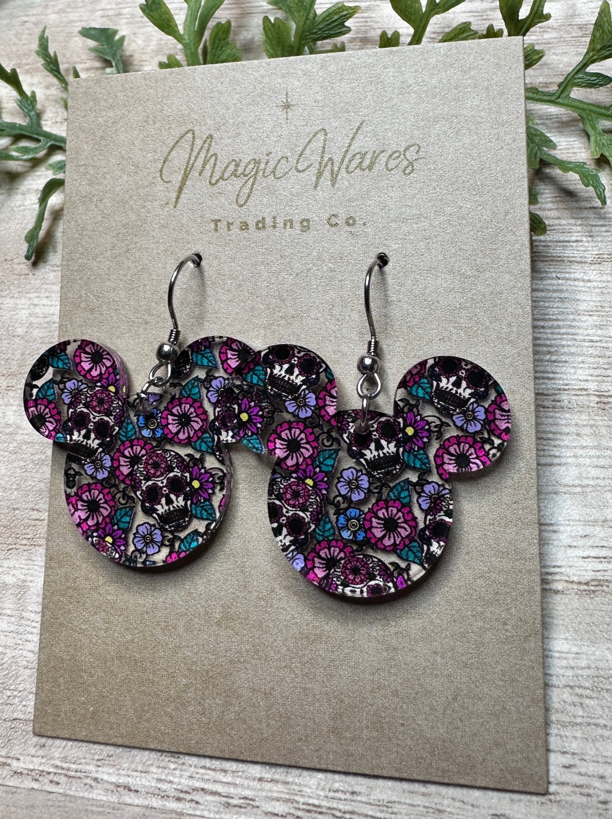 Sugar Skull floral, Laser Cut Mouse head shaped dangle earring, Crystal Pattern Acrylic, Lightweight dangle earrings, Cinco de Mayo
