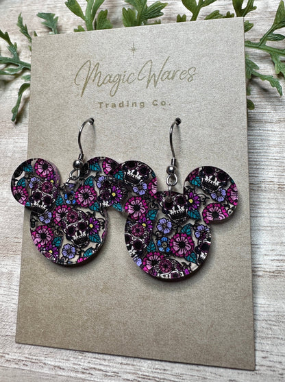 Sugar Skull floral, Laser Cut Mouse head shaped dangle earring, Crystal Pattern Acrylic, Lightweight dangle earrings, Cinco de Mayo