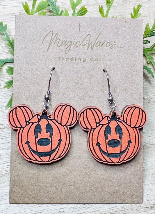 Pumpkin Mouse Dangle Earrings, Engraved Orange on Black Acrylic Earrings, Lightweight Acrylic Laser cut Halloween Pumpkin Earrings