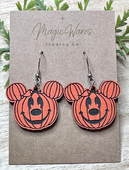 Pumpkin Mouse Dangle Earrings, Engraved Orange on Black Acrylic Earrings, Lightweight Acrylic Laser cut Halloween Pumpkin Earrings