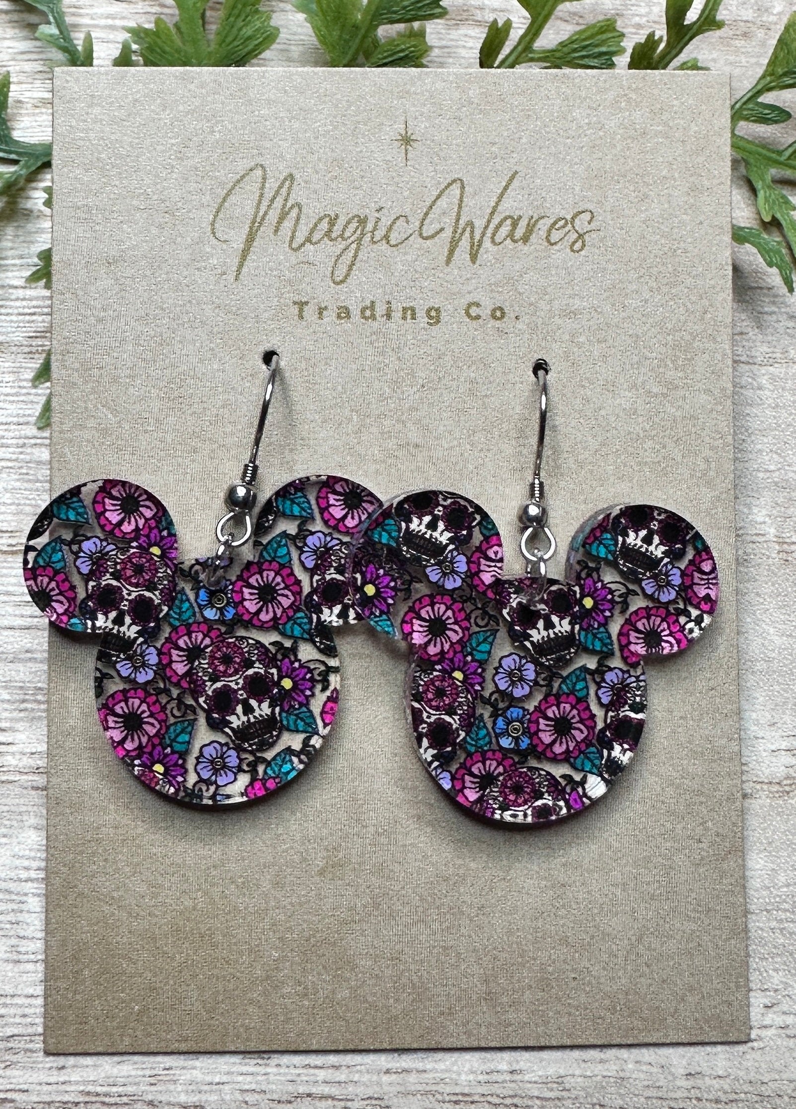 Sugar Skull floral, Laser Cut Mouse head shaped dangle earring, Crystal Pattern Acrylic, Lightweight dangle earrings, Cinco de Mayo