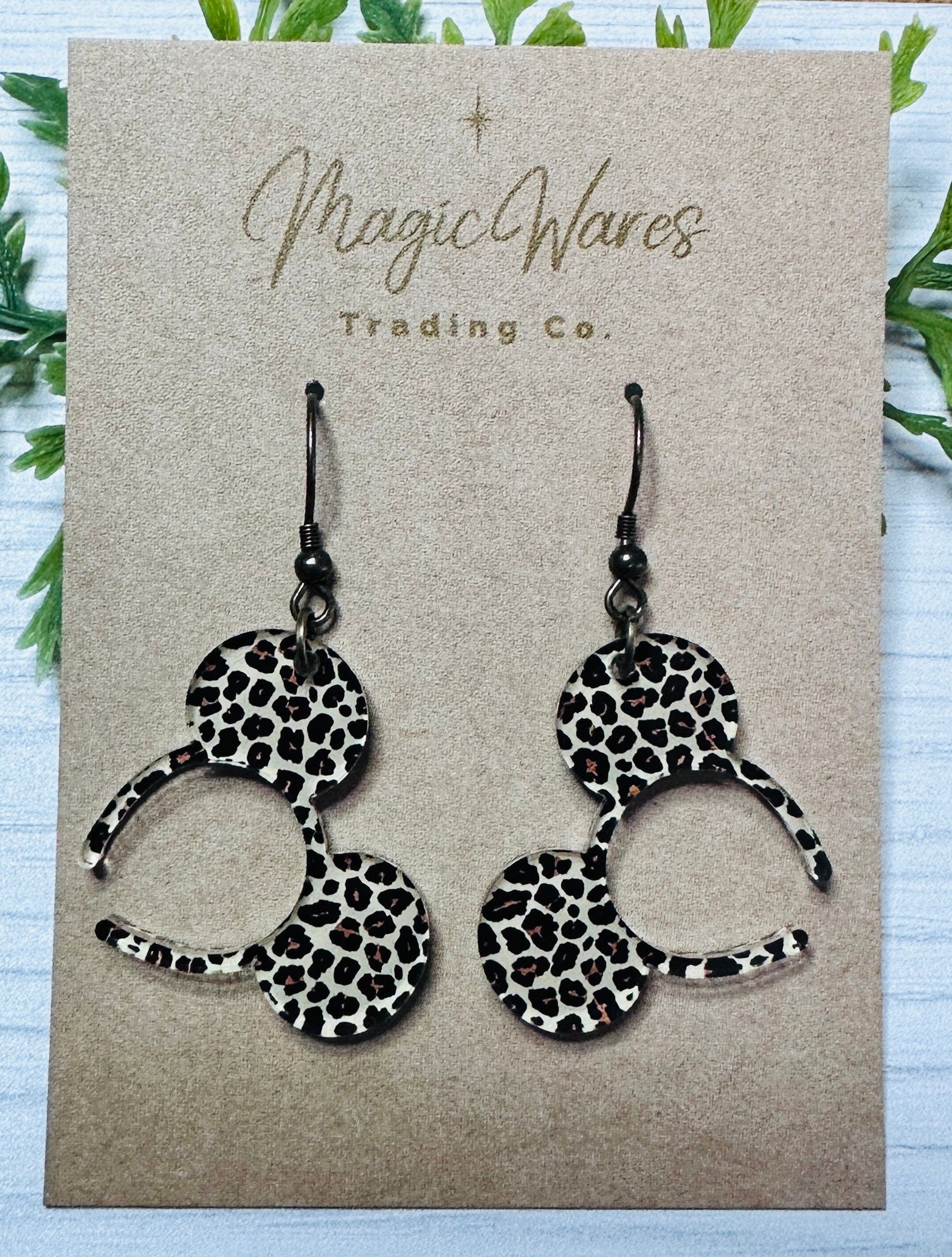 Leopard Mouse Ears headband dangle earring, Laser cut Tan leopard patterned Acrylic Earrings Animal Kingdom Earrings