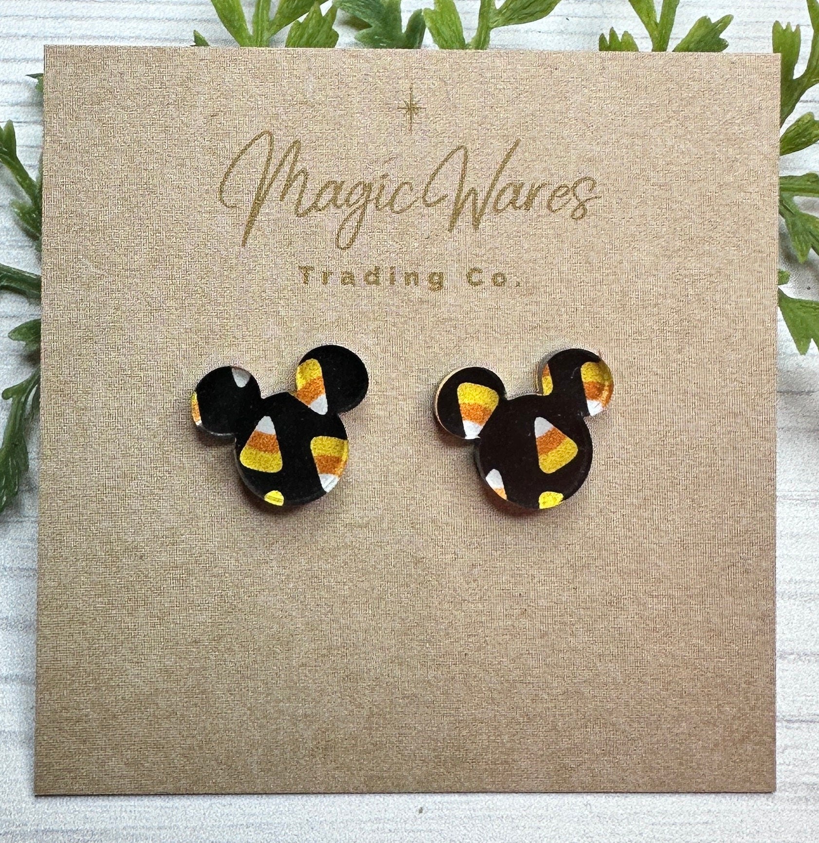 Candy Corn Stud, Black with Candy Corn pattern acrylic laser cut earrings, halloween earrings Not so scary halloween earrings hypoallergenic