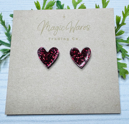 Heart Stud Earrings Red Glitter Laser Cut Glitter Acrylic Post Earrings Pierced Earlobe Glitter Valentines Day earrings hypoallergenic