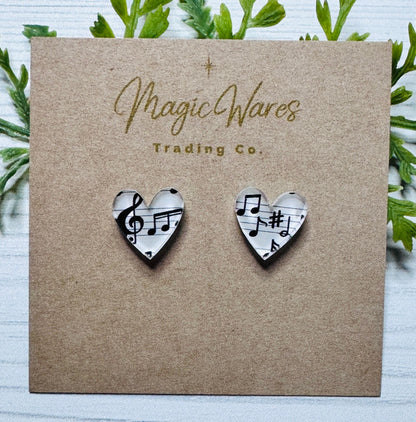 Music Heart Stud Earrings Laser Cut Acrylic Post Earrings Pierced Earlobe Glitter Valentines Day earrings hypoallergenic