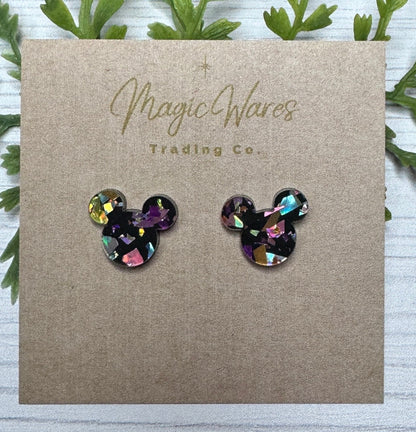 Dark Princess Flake Glitter Stud, Laser cut Black with Holographic Flake Glitter Earrings Pierced Earlobe, Stainless Steel, Post earrings