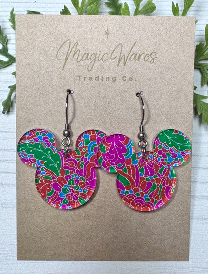 Preppy Bright Floral Mouse head Laser cut Crystal Acrylic Earrings, Lilly inspired Floral Acrylic earrings lightweight hypoallergenic