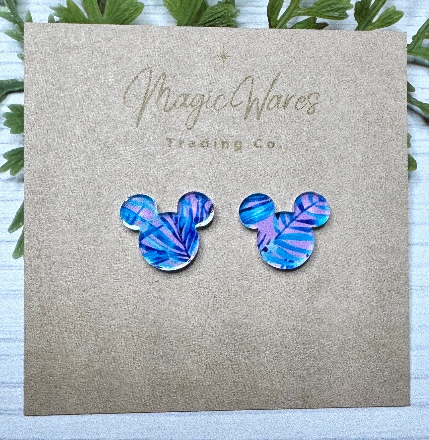 Preppy Blue Tropical Stud Earrings, Lilly inspired Blue and Pink Tropical pattern crystal acrylic, laser cut post earrings, hypoallergenic