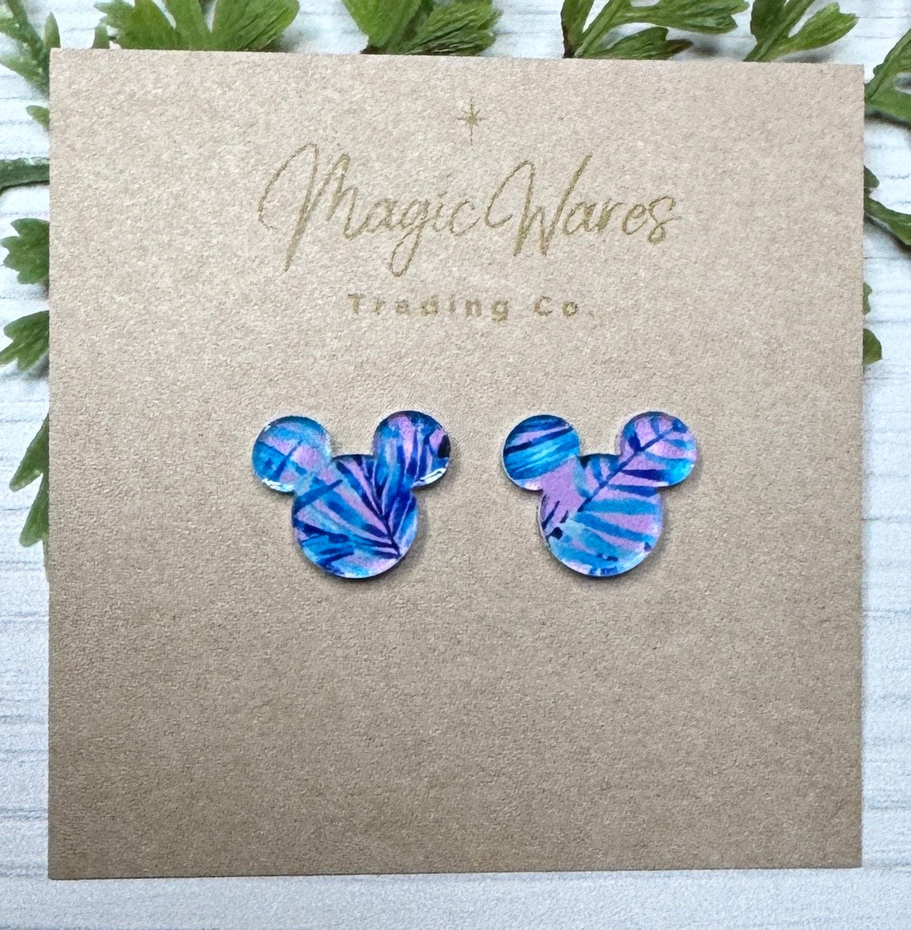 Preppy Blue Tropical Stud Earrings, Lilly inspired Blue and Pink Tropical pattern crystal acrylic, laser cut post earrings, hypoallergenic