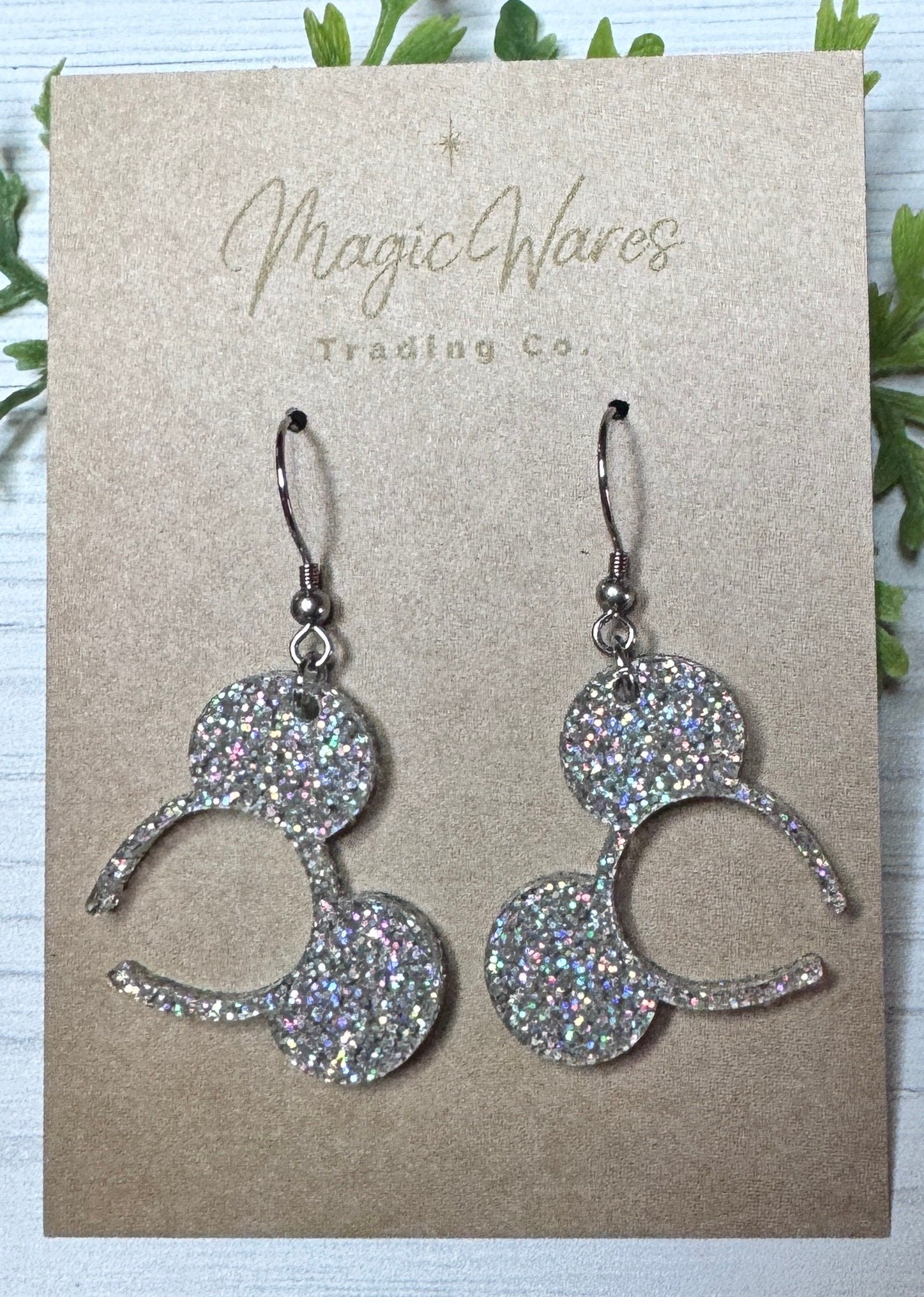 Holographic Glitter Mouse Ears Headband Dangle Earrings, Laser cut Holographic Glitter Acrylic Earrings Made to order