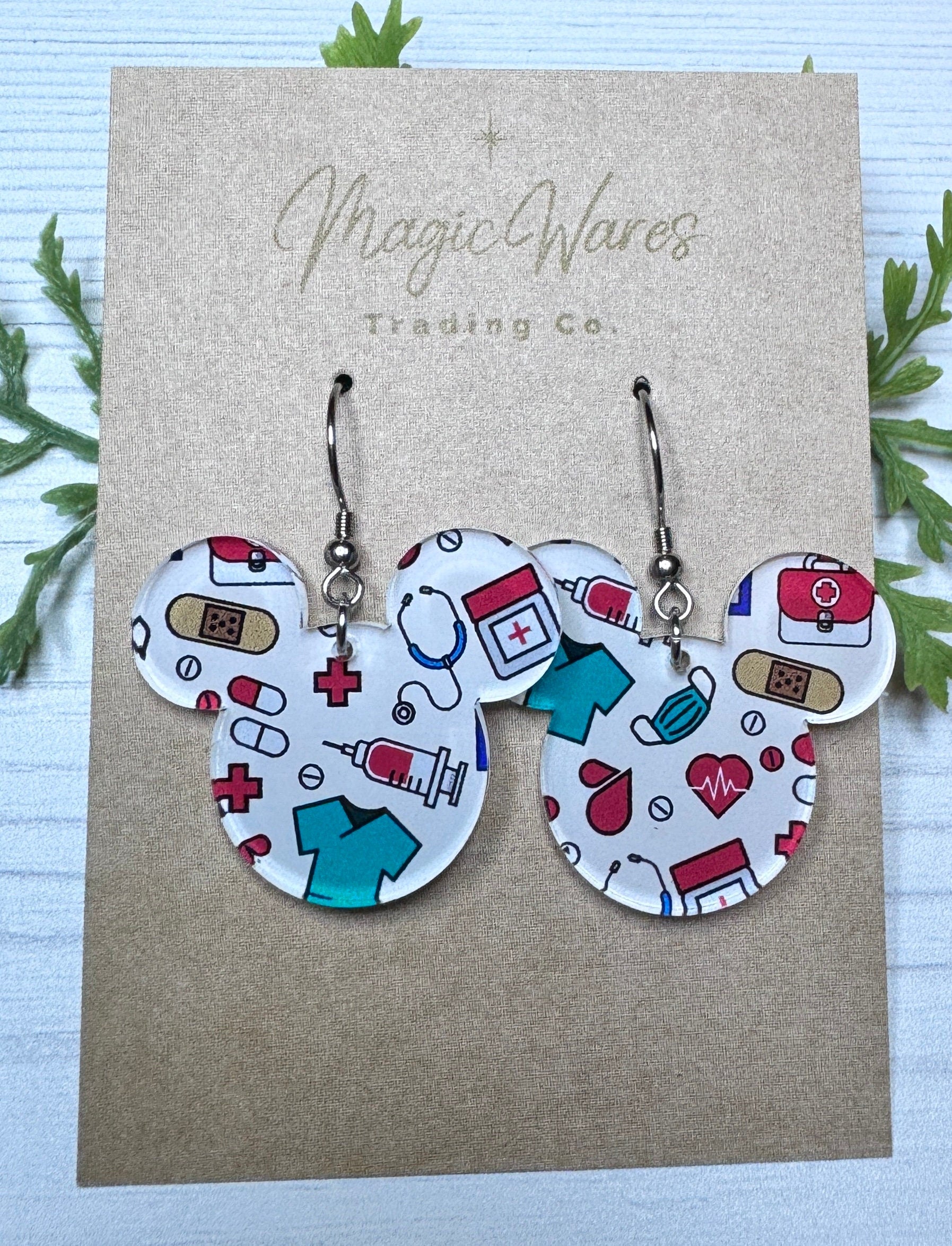 Nurse Inspired Mouse head Laser cut Dangle Earrings, Nurse Appreciation Patterned Crystal Acrylic Earrings, Gift for Nurse, Gift for Doctors