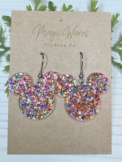 Confetti Glitter Mouse head Dangle Earrings, Laser cut Glitter Acrylic Earrings, Made to order glitter earrings