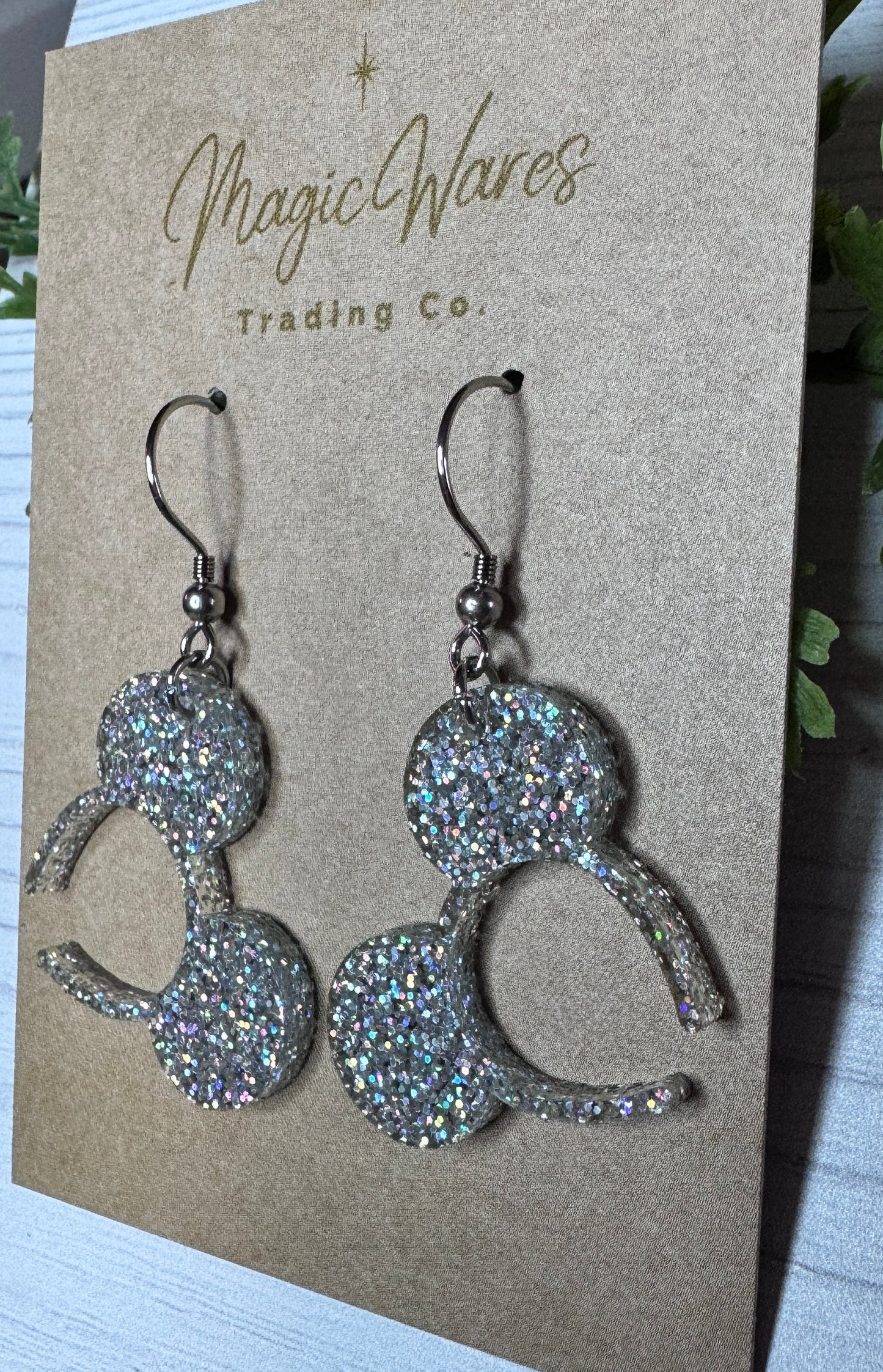 Holographic Glitter Mouse Ears Headband Dangle Earrings, Laser cut Holographic Glitter Acrylic Earrings Made to order