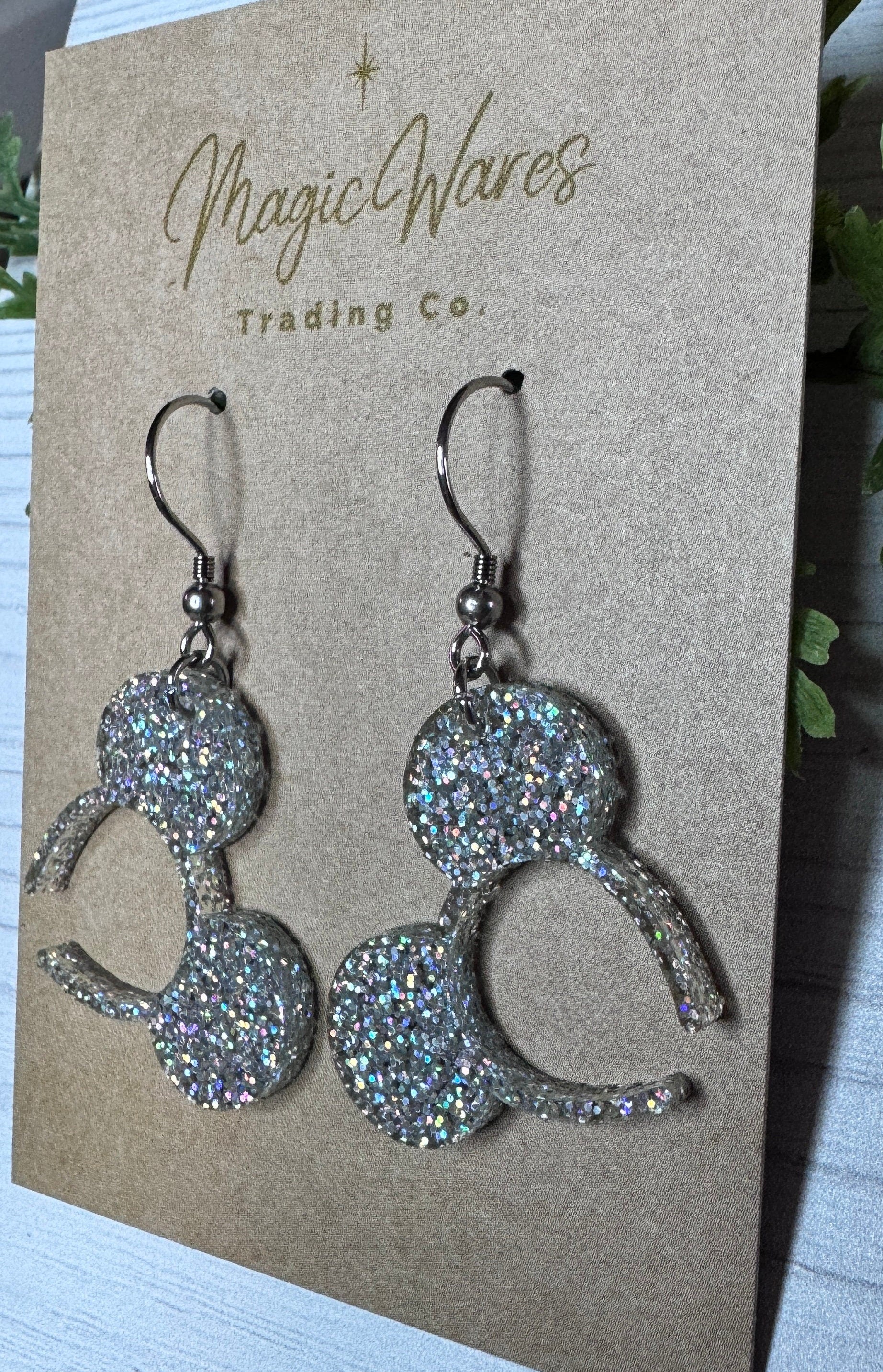 Holographic Glitter Mouse Ears Headband Dangle Earrings, Laser cut Holographic Glitter Acrylic Earrings Made to order