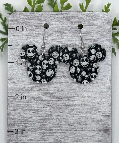 Scary Skellington Mouse Laser cut Dangle Earrings, Faces of Jack Patterned Crystal Acrylic Earrings, Halloween earrings, NBC earrings