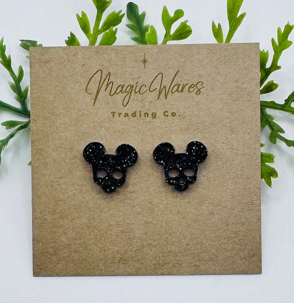 Black Glitter Skull Stud, Laser cut Post Earrings, Pierced Earlobe, Stainless Steel Post earrings, Villains earrings, Halloween stud earring