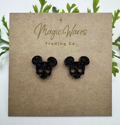 Black Glitter Skull Stud, Laser cut Post Earrings, Pierced Earlobe, Stainless Steel Post earrings, Villains earrings, Halloween stud earring