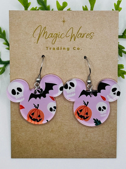 Pink Halloween Mouse Laser cut Dangle Earrings, Pink Crystal Acrylic Earrings, Halloween earrings, Not so scary Halloween Party earrings