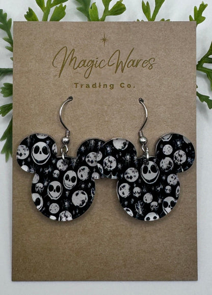 Scary Skellington Mouse Laser cut Dangle Earrings, Faces of Jack Patterned Crystal Acrylic Earrings, Halloween earrings, NBC earrings
