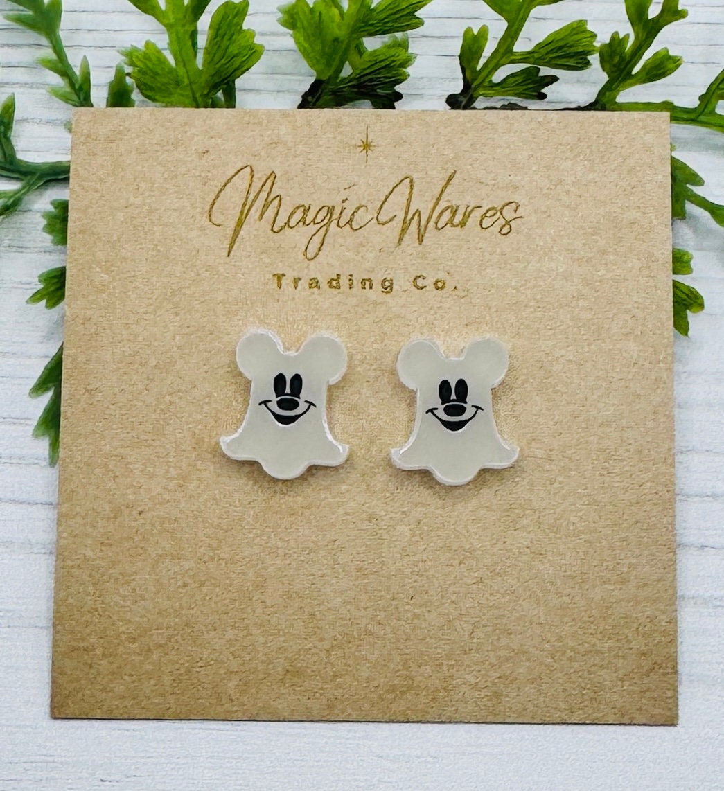 Glow in the Dark Ghost Mouse Stud, Engraved and Laser cut white glow acrylic, Halloween party earrings
