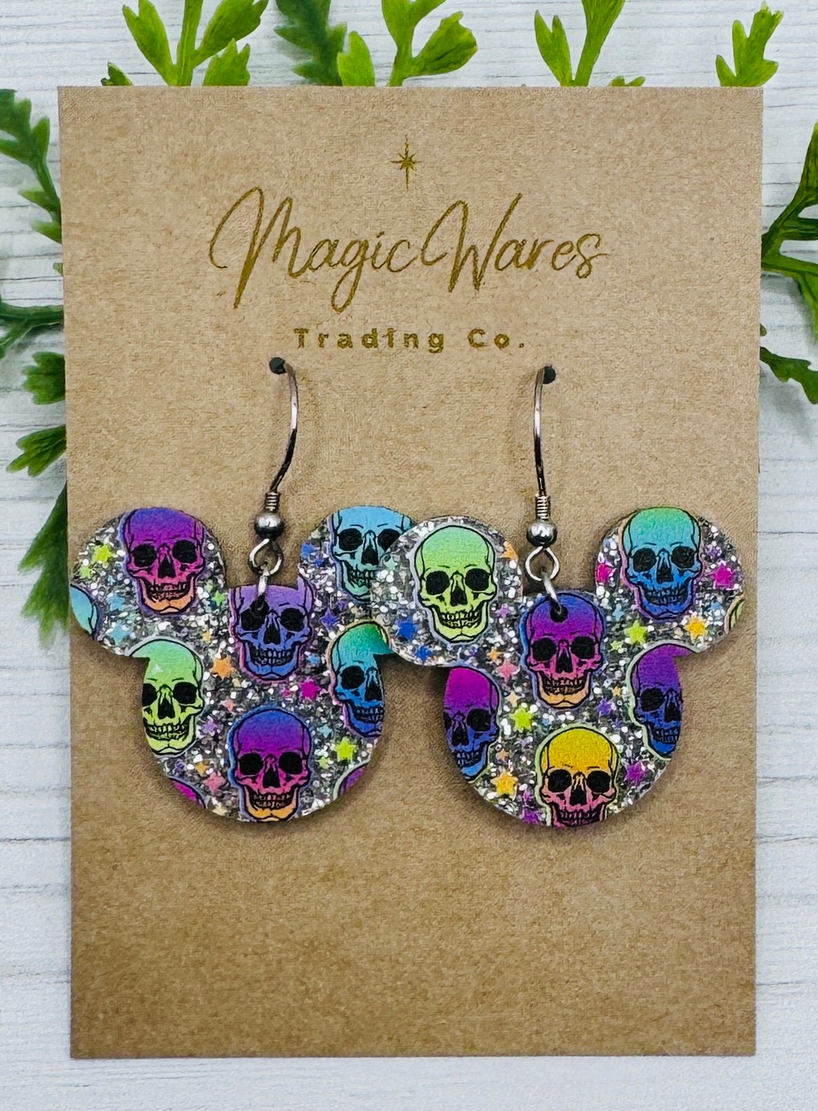 Rainbow Skulls Mouse head Laser cut Dangle Earrings, Silver Glitter Acrylic Halloween earrings, Not so scary Halloween Party earrings